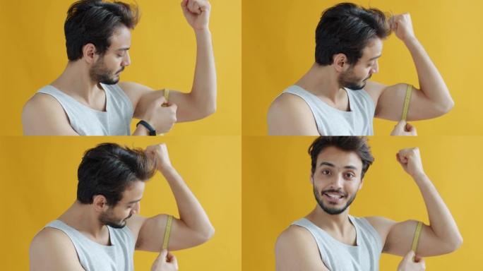 阿拉伯年轻人用卷尺和微笑测量二头肌肌肉的肖像