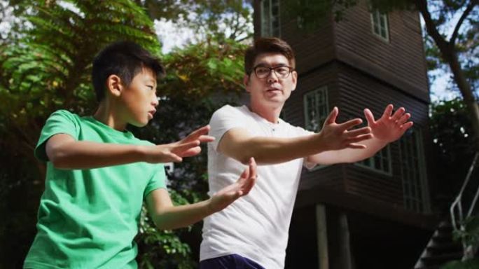 快乐的亚洲人和sonr一起在花园里锻炼，一起练习太极拳