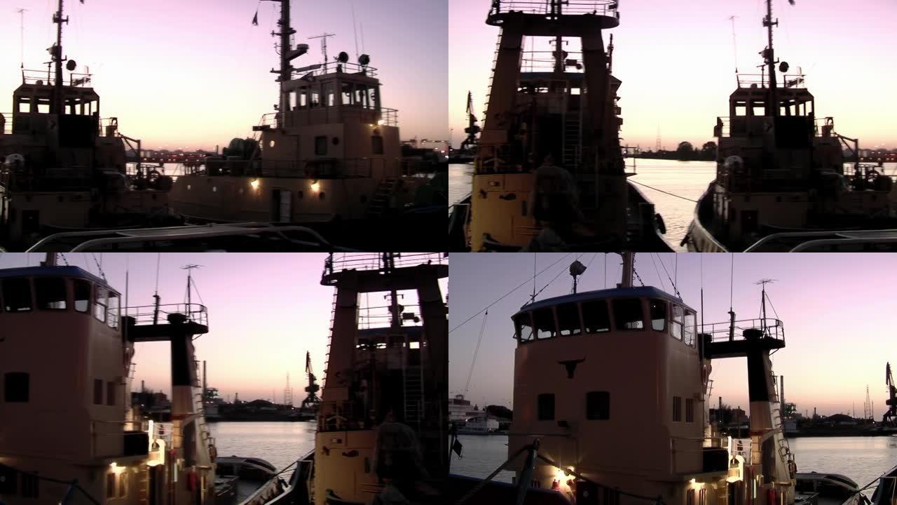 阿根廷黎明时分，拖船停靠在布宜诺斯艾利斯港。