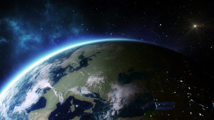 从轨道卫星上看到地球的美丽景色。行星的正确旋转。从太空看欧洲。夜晚照亮地球和城市的一部分。来自空间概