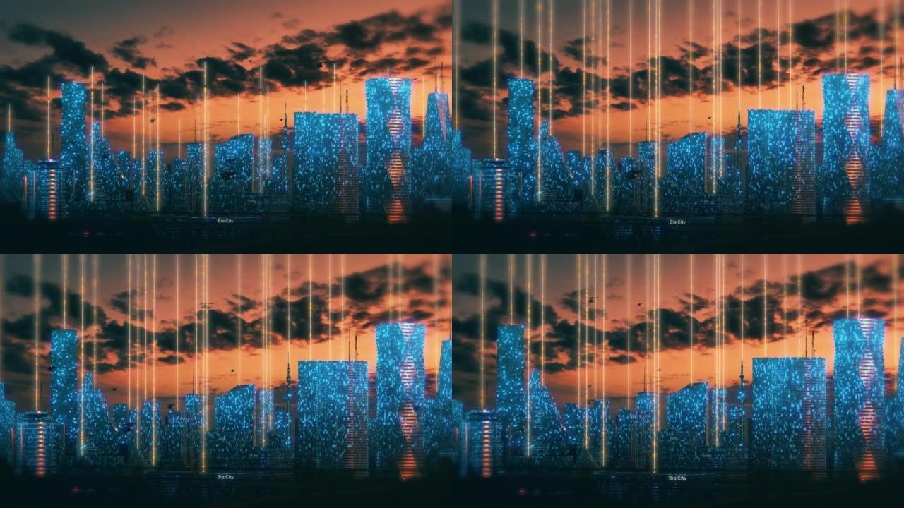未来主义城市概念。日落时分，动画现代城市大都市的大镜头，渲染的摩天大楼显示了全球大数据连接，信息流和