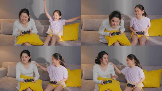 亚洲兄弟姐妹在与兄弟在家玩游戏机时击败少年
