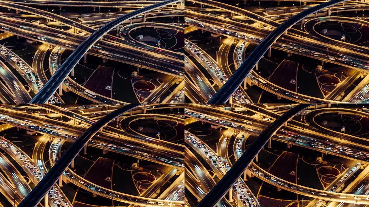 过桥、地铁和城市交通的T/L TD高角度视图，黄昏到夜晚的过渡/迪拜，阿联酋