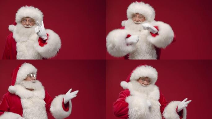 红色背景上的快乐圣诞老人从五倒数到零，然后欢快地跳舞并指向复制空间