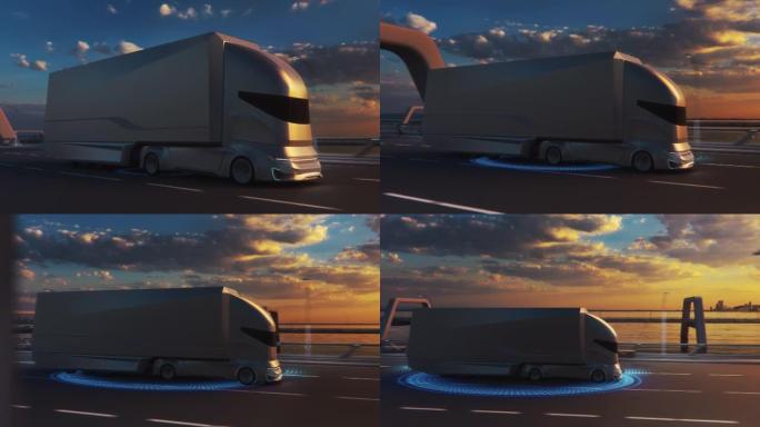 未来技术概念: 自动自动驾驶卡车与货物拖车驾驶道路上的扫描传感器。在日落傍晚分析高速公路的车辆的特殊