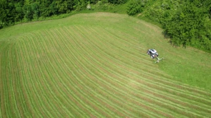 使用干草tedder在新修剪的牧场上进行空中拖拉机，以更快地干燥草