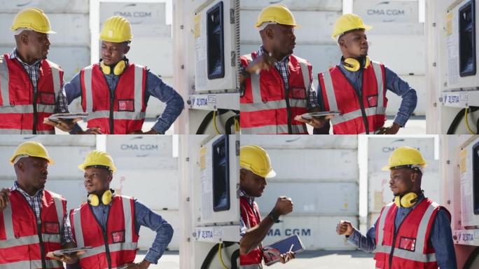 非洲黑人工程师在集装箱货场的货运货运处手持数字平板电脑