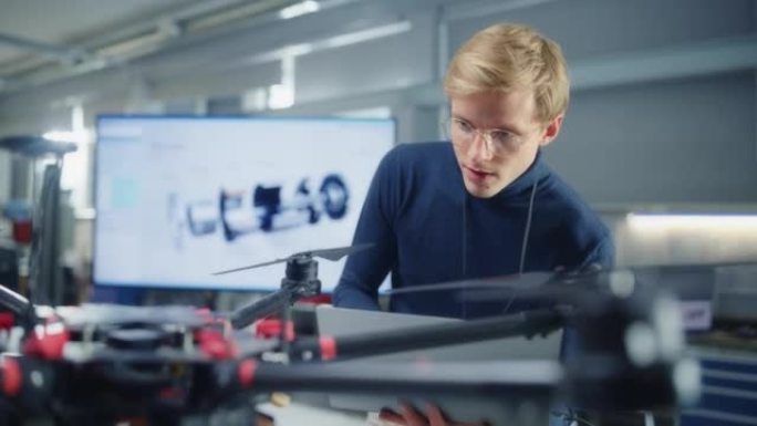 高加索男性航空工程师使用笔记本电脑在工厂为无人机编写程序。无人机设计理念的突破。肖像视图