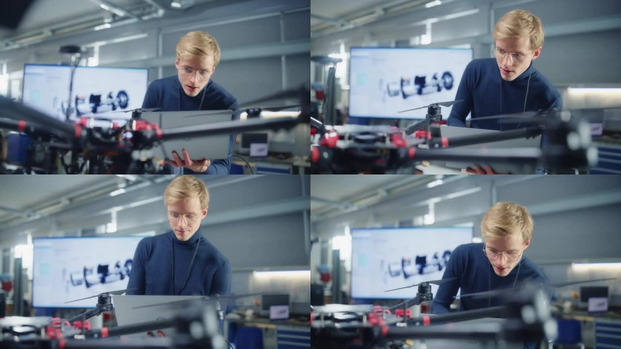 高加索男性航空工程师使用笔记本电脑在工厂为无人机编写程序。无人机设计理念的突破。肖像视图