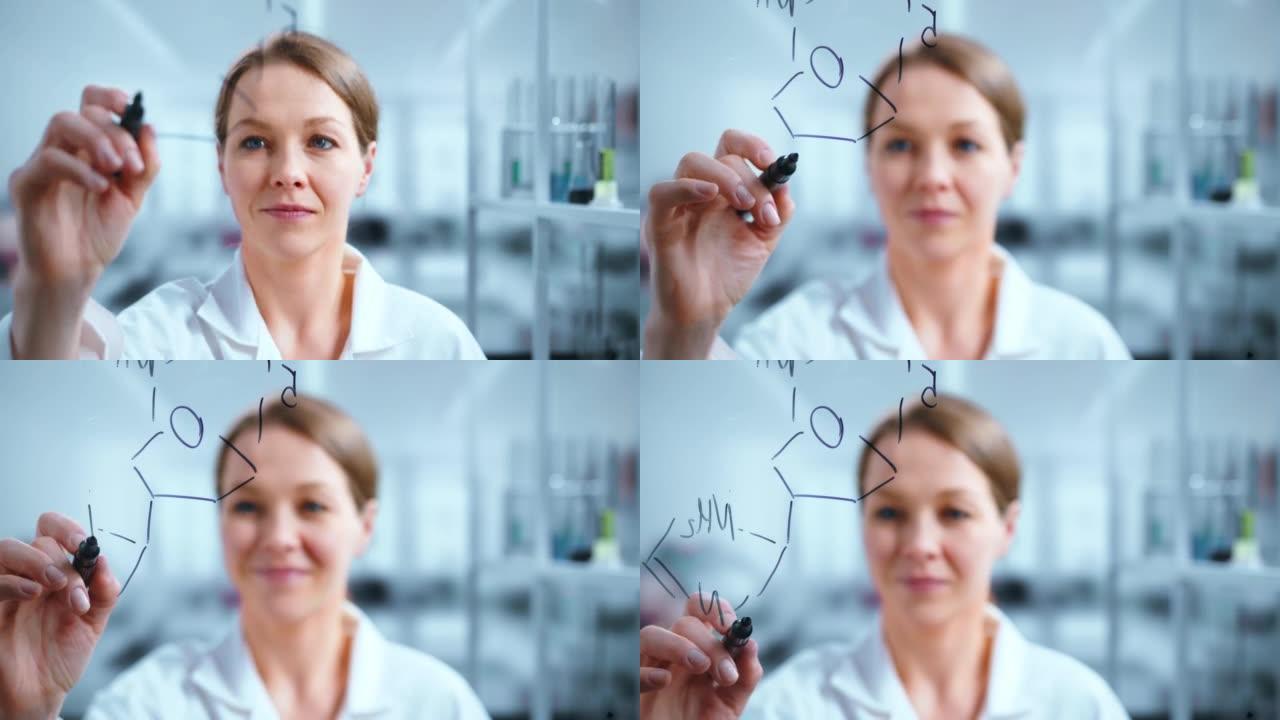 一位专注的年轻女科学家在实验室的玻璃墙上求解方程式的镜头