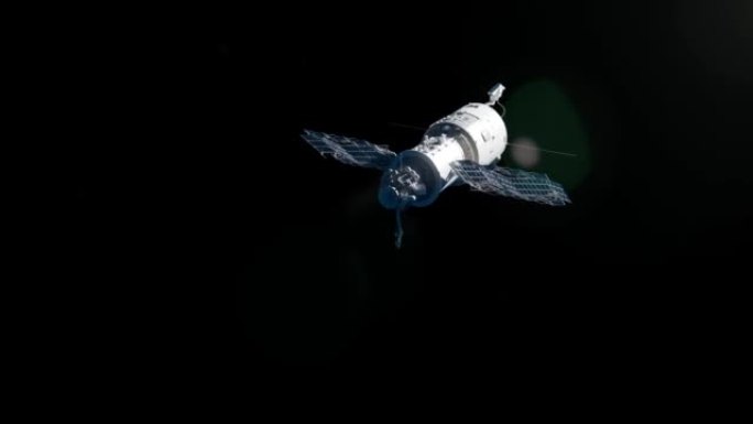 漂浮在外层空间的白色卫星。太空概念的黑色背景上的3D渲染卫星。卫星屏幕保护程序