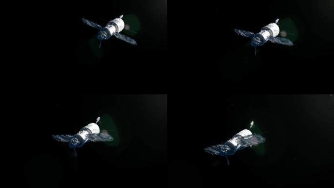 漂浮在外层空间的白色卫星。太空概念的黑色背景上的3D渲染卫星。卫星屏幕保护程序