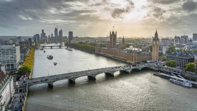 大笨钟与议会大厦和英国伦敦威斯敏斯特的Hyper lapse景观