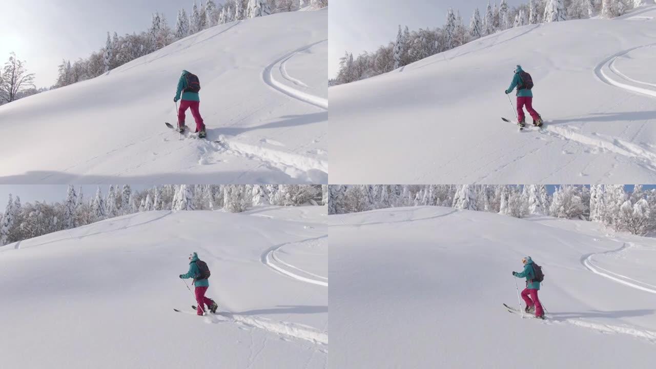 无人机: 适合白人的女人在滑雪旅行中穿越寒冷的风景