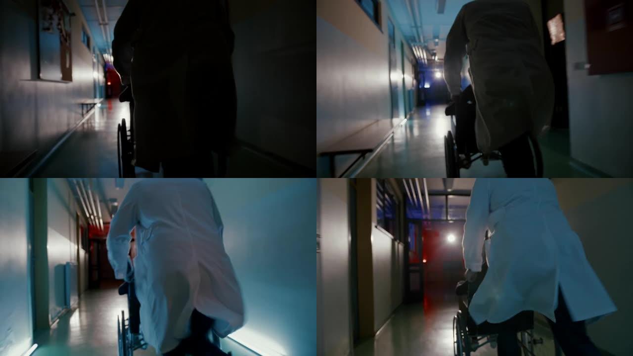 TS男医生在将轮椅上的病人推下医院走廊时奔跑