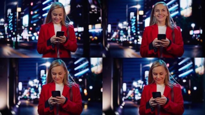 美丽的女人站着，在城市街道上使用智能手机，霓虹灯在夜间闪耀。自信微笑的美丽女性使用手机。低角度中等跟