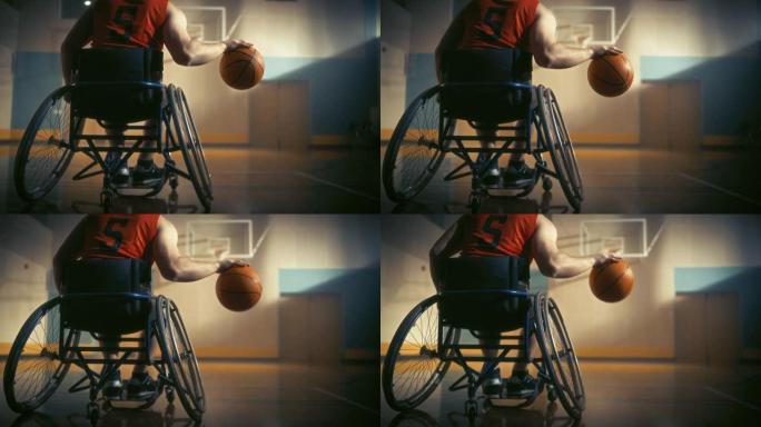 轮椅篮球运动员穿着红衫运球像专业人士。在团队运动中表现出色的残疾人的决心，动机。匿名，后视图，慢动作