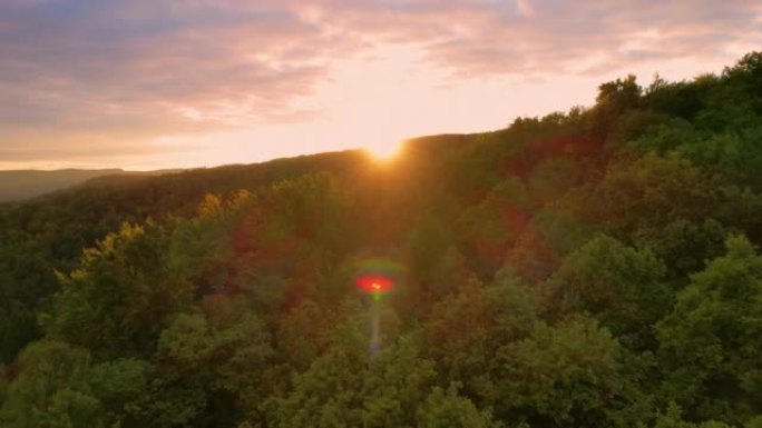 空中秋日的最后一束阳光触摸着茂密的森林覆盖着丘陵景观
