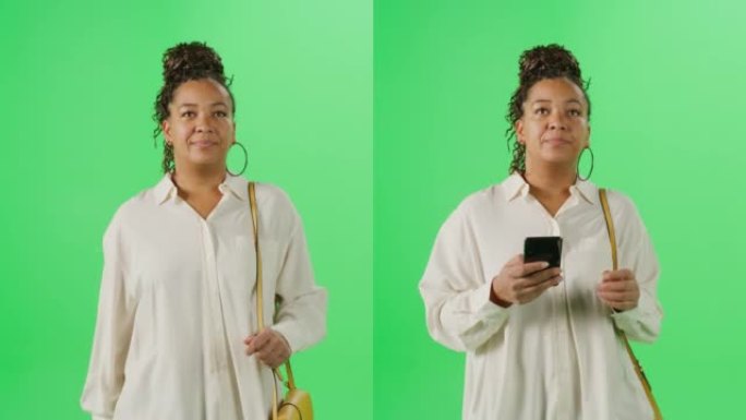 分割绿屏蒙太奇: 美丽的黑人妇女在走路时使用智能手机。休闲日常通勤，旅行，使用手机进行社交媒体，应用