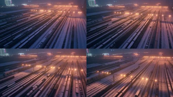 冬季夜间货运列车的鸟瞰图