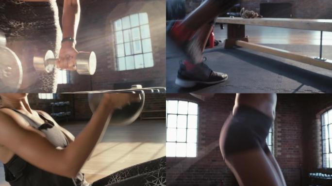 4k视频片段，一个无法识别的女人在健身房进行各种锻炼