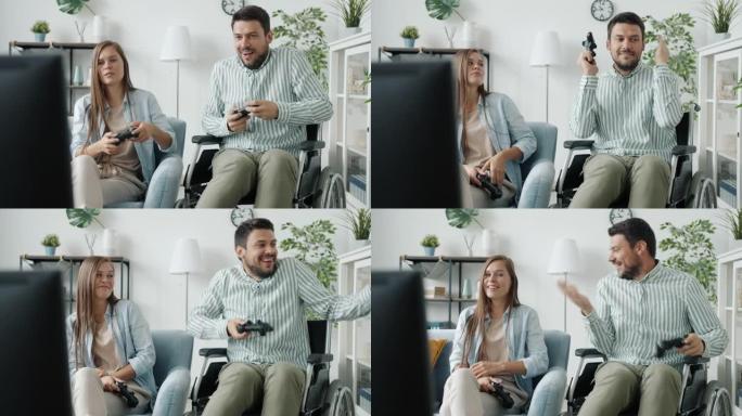 残疾男子与女友玩电子游戏，在家中赢得轮椅上的舞蹈