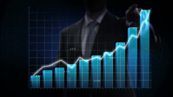 商人向上移动手指，各种动画股票市场图表和条形图。增加蓝线。4k动画。