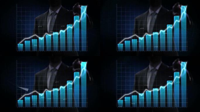 商人向上移动手指，各种动画股票市场图表和条形图。增加蓝线。4k动画。
