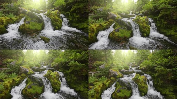 森林中的山河，瀑布层叠。覆盖着苔藓的石头之间的强大水流。清澈的饮用水。万向节射击，慢动作