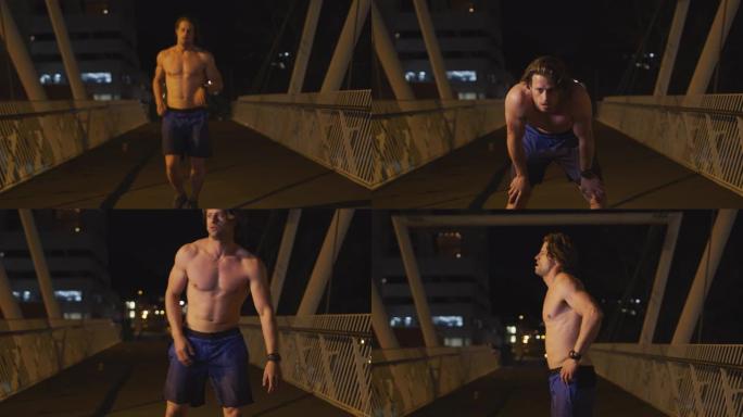白人光着膀子的男性晚上在桥上做运动