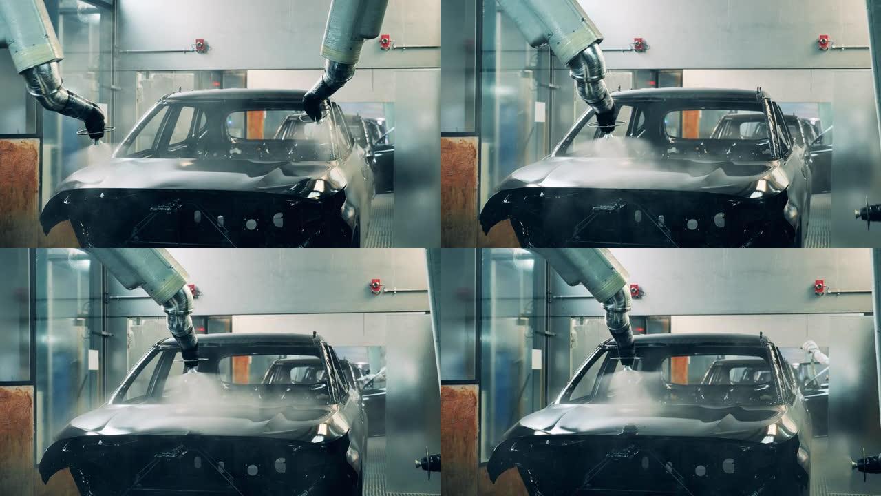 机器人画一辆车。汽车生产线
