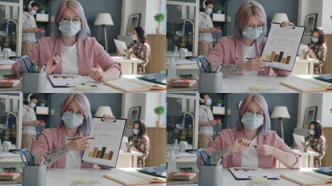 女性员工戴着医用口罩在工作场所进行视频通话的肖像