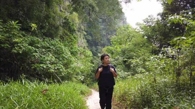 一名亚洲中国中年女性旅行徒步旅行，用背包探索怡保霹雳州马来西亚森林