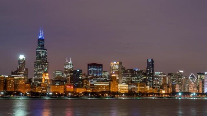 夜间芝加哥天际线全景的时间流逝