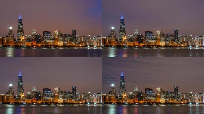 夜间芝加哥天际线全景的时间流逝
