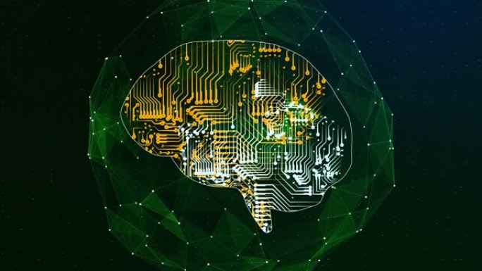 人工智能概念。电路板上的大脑。HUD未来技术数字背景