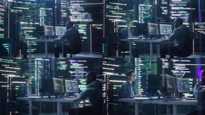 在监控室工作的两个同事的肖像，周围是大屏幕，显示编程语言代码行。专业黑客突破网络安全保护系统
