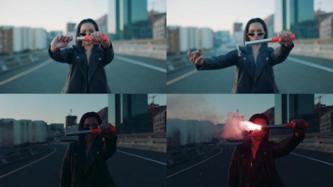 年轻女子在城市里点燃信号弹，叛逆女孩在街上用烟花抗议