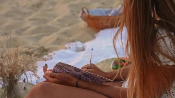 年轻女子女士在日落时在沙滩上写日记