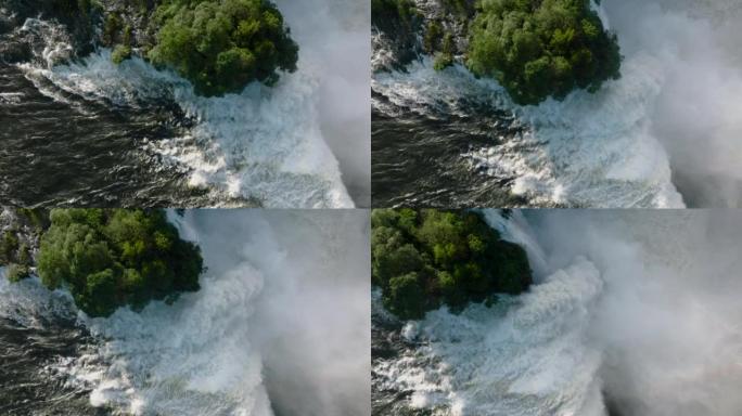 风景秀丽的维多利亚瀑布边缘涌出的水的壮观特写鸟瞰图。联合国教科文组织世界遗产