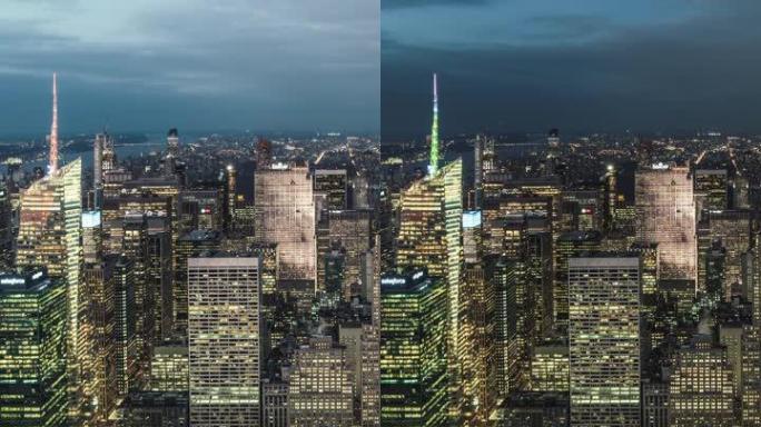 曼哈顿中城天际线的T/L鸟瞰图，从黄昏到夜晚/纽约