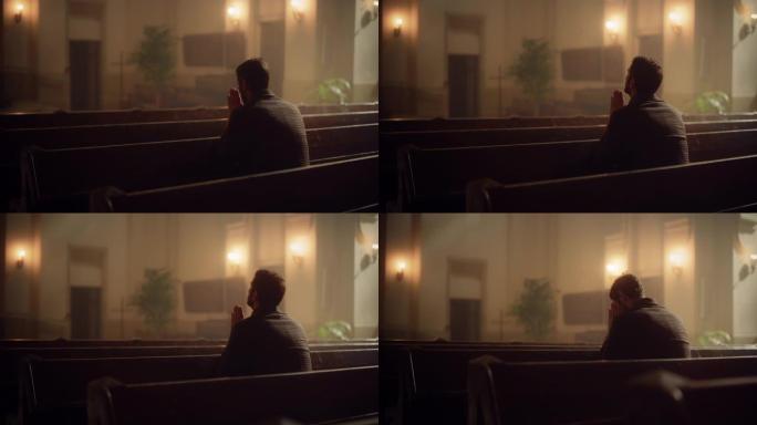 基督徒独自坐在教堂里祈祷，从宗教信仰和对主的精神信仰中寻求指引。电影摄影机捕捉基督教精神和上帝的宽恕