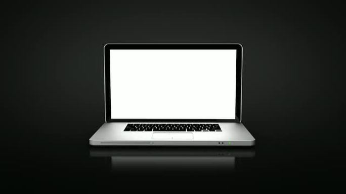 笔记本电脑动画。纺。黑色背景。