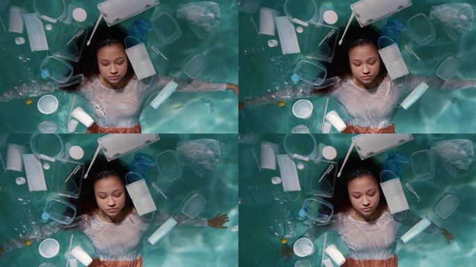 塑料包装污染。电影顶视图年轻美丽平静的女人躺在垃圾慢动作中的水上。