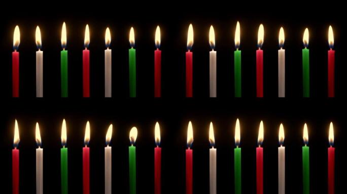 圣诞蜡烛排成一排，红色、白色和绿色