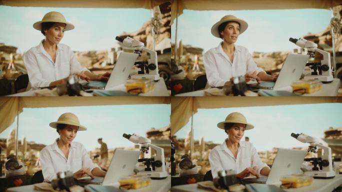 考古挖掘地点: 著名的女性考古学家进行研究，使用笔记本电脑，分析化石遗迹，古代文明文化文物。历史学家