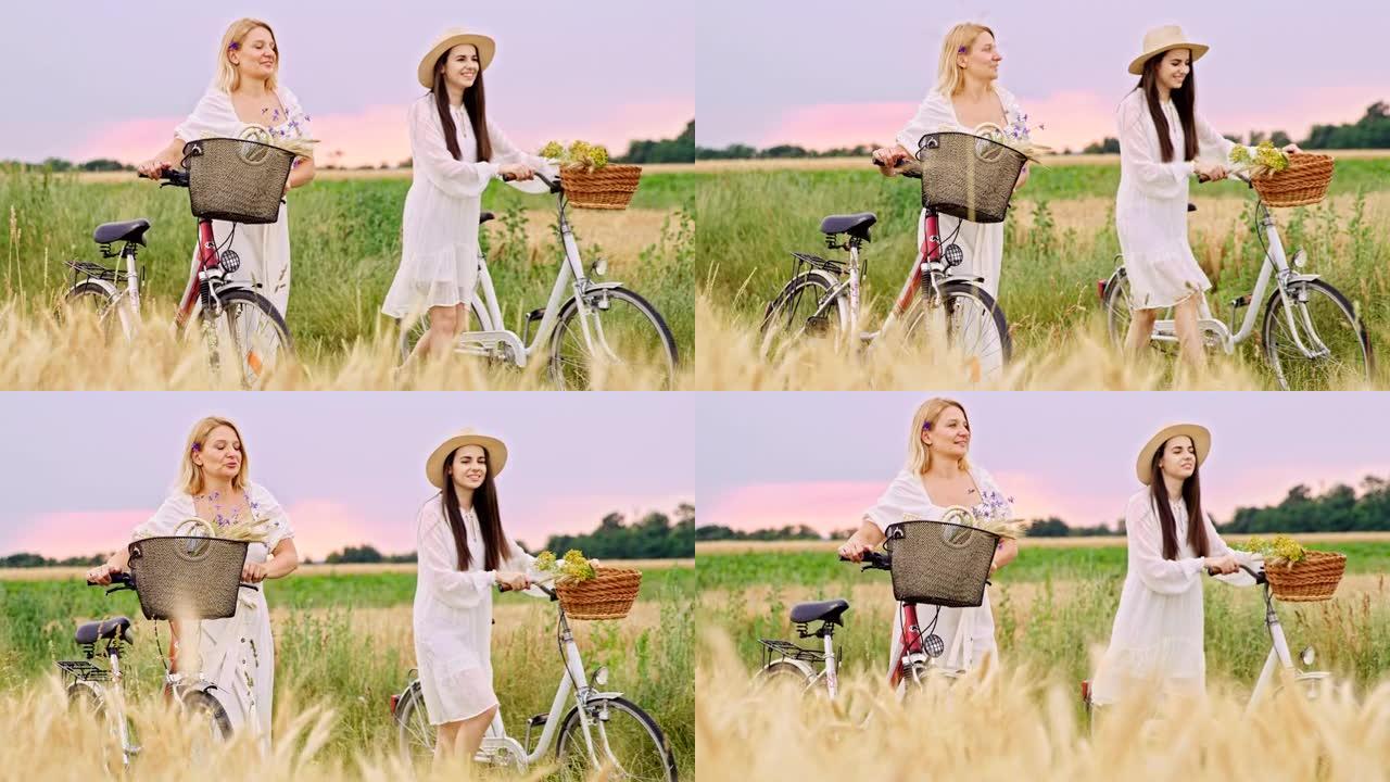 慢动作女性朋友走在乡下的自行车边