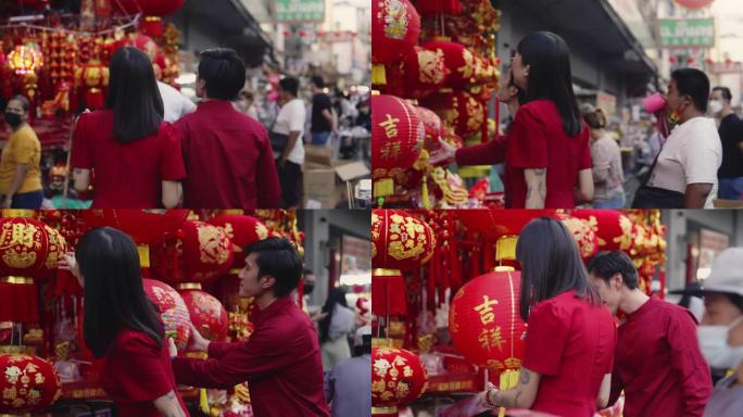 春节购物的中国夫妇。