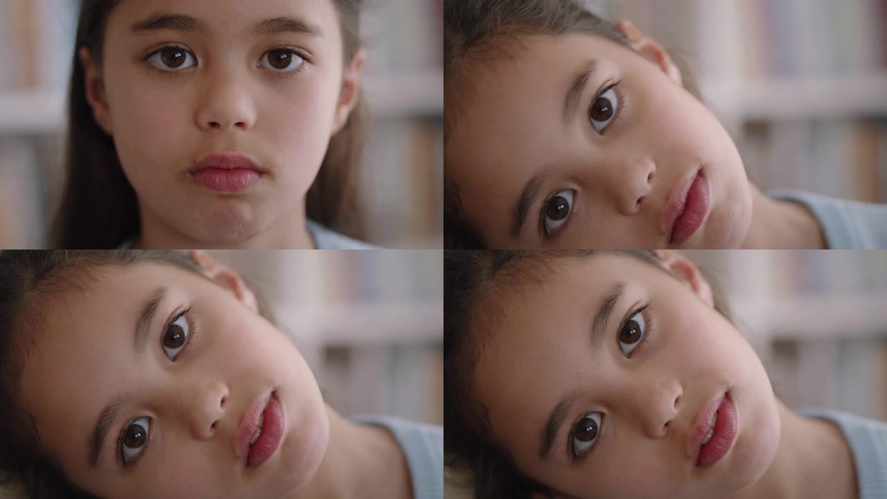 肖像快乐的小女孩带着自然的童年好奇心微笑着看着快乐的孩子带着天真俏皮的表情4k镜头