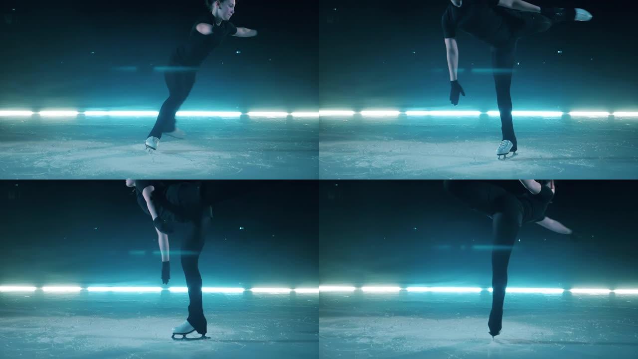 一个女孩在滑冰时在一个位置旋转的慢动作